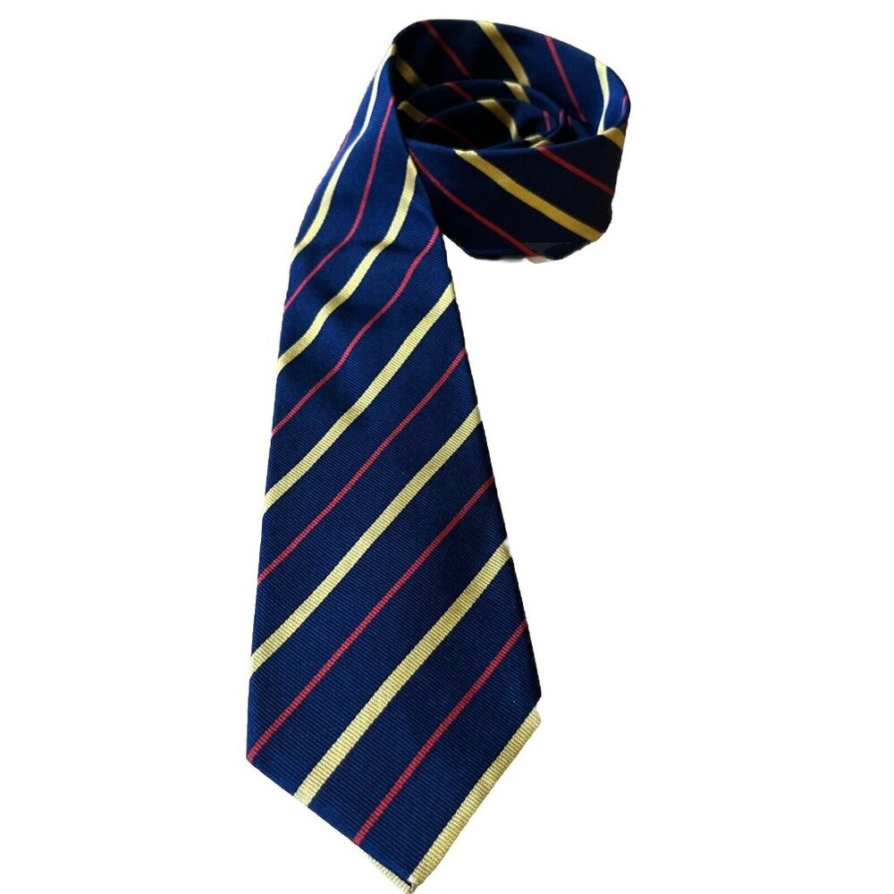 LANDS’ END 100% Silk Classic Navy, Gold And Red Striped Neck Tie Made In USA